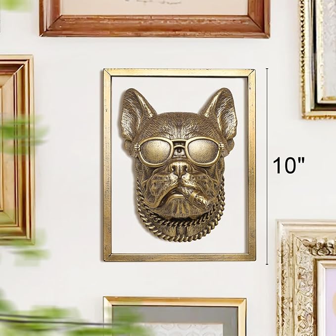 Animal Heads Wall Decor (Includes Metal Frame) Resin Animals Sculptures Head Wall Hanging Decoration Gold vintage Wall Sculpture for Living Room Bedroom Office(Cigar dog)
