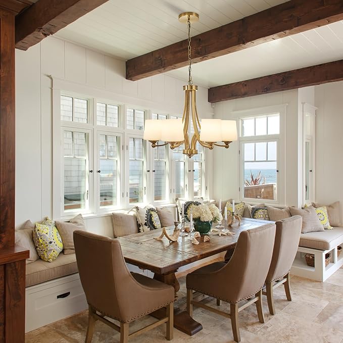 Modern 6-Light Brass Chandelier 25.59in Frosted Glass Chandeliers Metal Mid-Century Gold Pendant Light Fixtures for Living Room Dining Room Bedroom Foyer Stairway