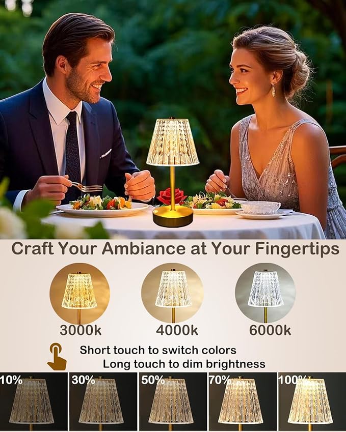 Gold Cordless Table Lamp Rechargeable,5000mAh Battery Operated Lamps,Mini Small Crystal Table Lamp for Restaurant Dining Bathroom/Kitchen Counter/Rechargable Touch Lamp for Home Dinner Shower Lamp