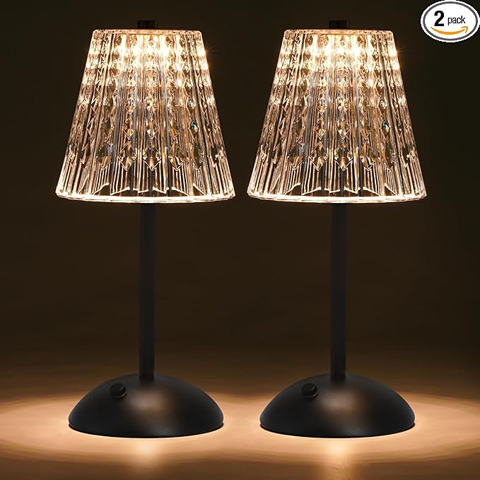 Cordless Touch Table Lamp, 3500mAh Rechargeable Small Dask Lamp, 3 Colors Dimmable Battery Operated Crysta Lamp for Bedroom Restaurant Kitchen Home Decor, Black, 2pcs