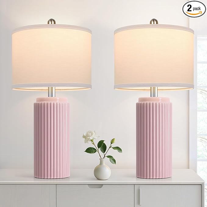 23.5’’ Modern Pink Table Lamps Set of 2 for Living Room, Ceramic Bedside Lamps with White Linen Shade for Girls Room, Rustic Nightstand Lamps for Bedroom Home Office, Cute Lamps for End Table Dorm