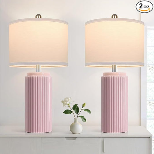 23.5’’ Modern Pink Table Lamps Set of 2 for Living Room, Ceramic Bedside Lamps with White Linen Shade for Girls Room, Rustic Nightstand Lamps for Bedroom Home Office, Cute Lamps for End Table Dorm