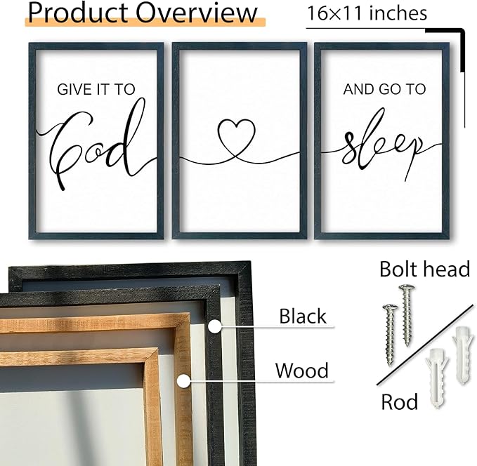 SRSZHIYUE Give It To God And Go to Sleep Set of 3 Wall Decor 16"x11" for Master Bedroom Above Bed Sign Guest Room Decoration (Black)