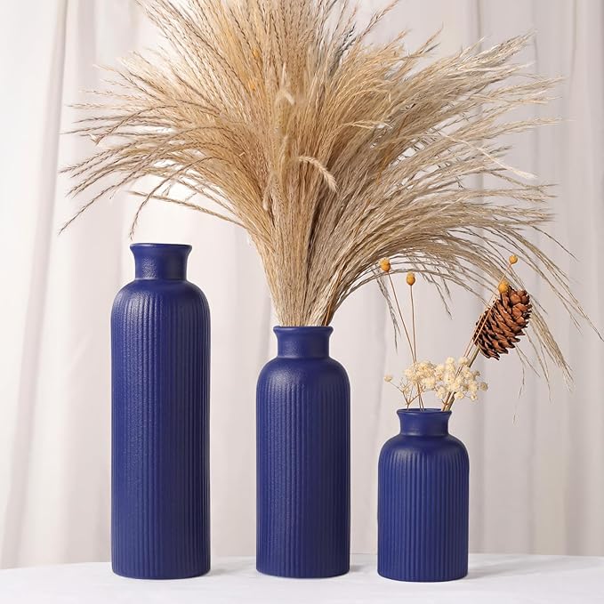 Small Navy Blue Ceramic Vase Set of 3, Boho Modern Navy Blue Flower Vase Room Decor, Farmhouse Decor, Vases for Your Kitchen, Bathroom, Bedroom, Living Room, Office&Shelf Centerpiece Table Decorations
