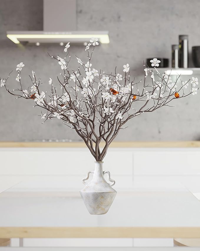 8.6 in Rustic Ceramic Farmhouse Vase with 2 Handles,Glazed Beige and Yellow Vintage Pottery Jar with Black Distressed Eroded Texture Finish,Boho for Home Decor,Tabletop,Mantel,or Living Room