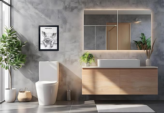 Minimalist Bathroom Wall Decor, Happy Pig Wall Art in Picture Frames, Hilarious, Fun Bathroom Animal Art, Black and White Canvas Prints can be Hung Directly - Frame, 11 "x 14