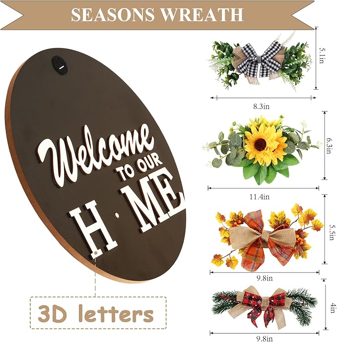 Interchangeable Welcome Sign for Front Door Decoration with 4 Seasonal Wreaths and 14 Holiday Icons, Black Welcome Door Hanger, Rustic Wooden Front Porch Sign Home décor（Black）