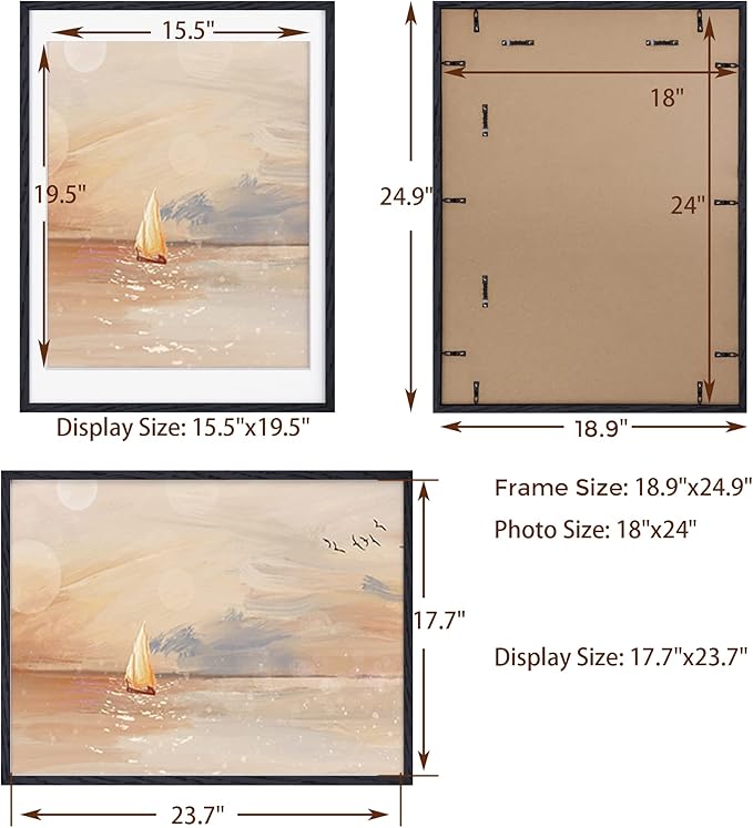 Black 18x24 Picture Frame, Large 18 by 24 Poster Frames Set of 2, Natural Oak Wood Frame 18 x 24 with Tempered Glass, 18x24 Black Wood Frames, 18"x24" Art Frame