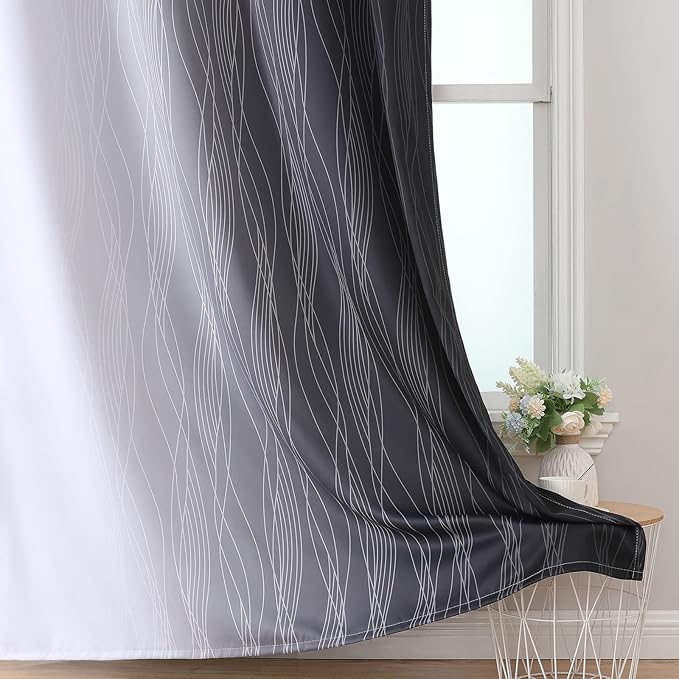Estelar Textiler Black and Greyish White Blackout Curtains 54 Inch Length, Light Blocking Gradient Grommet Drapes for Kitchen, Thermal Insulated Ombre Curtains for Bathroom,42Wx54L,2 Panels