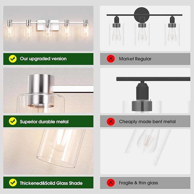 5-Light Modern Vanity Light Fixtures Over Mirror, Brushed Nickel Bathroom Light Fixtures, Vanity Lights, Wall Sconce with Clear Glass Shade for Bathroom, E26 Base
