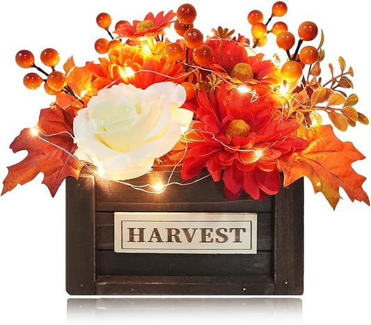 Fall Centerpieces for Tables Decor Fall Flowers Wooden Pot with Lights for Dining Room Farmhouse Kitchen Coffee Table Decorations with Artificial mums Centerpieces Fall Decor
