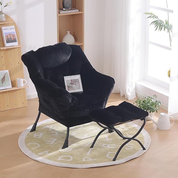 Lazy Chair with Ottoman, Modern Chair with Folding Footrest, Lounge Accent Chair, Comfortable Reading Chair for Bedroom, Study, Living Room, Small Space (Plush Black)