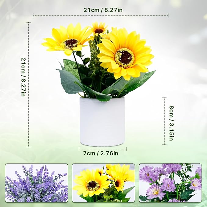 FGSAEOR Mini Potted Fake Plants, Small Artificial Greenery Realistic Plants Topiaries, Low Maintenance, for Home Office Shelf Desk Farmhouse Room Coffee Table Decor (3-Pack) (Purple Yellow)