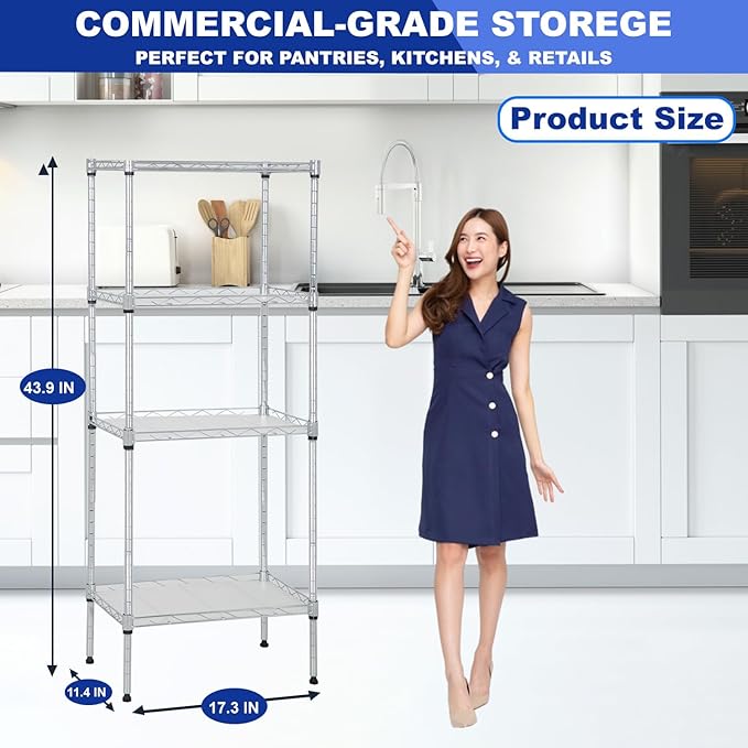 PayLessHere | 4-Tier Wire Shelf | 18"x12"x44" | Chrome | Adjustable Racks | Heavy-Duty Storage Shelves, Holds Upto 600 lbs | Rust-Resistant, No-Tool Assembly | for Home, Garage Shelving