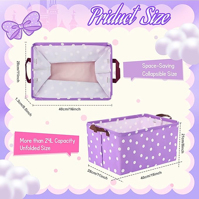 3 Pack Storage Baskets Waterproof Canvas with Leather Handles Storage Bins Basket Organizer Collapsible for Closet Clothes Room Decor(Pink, Rose Red, Light Purple,Dot)