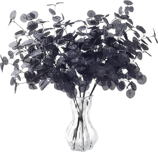 SITUMEIZI 6 Pcs Halloween Black Artificial Eucalytpus Stems Faux Eucalyptus Leaves Branches Tall Bouquet Fall Decor Real Touch Leaf Thanksgiving Table Centerpiece Home Decoration