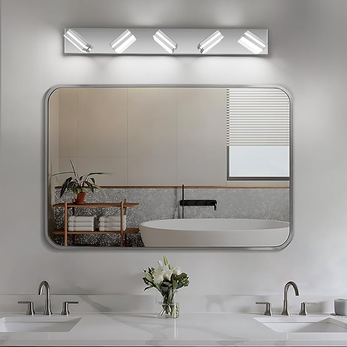 Modern LED Bathroom Lights Fixtures(5-Light),Metal Chrome Acrylic Wall Lighting,Vanity Lights for Bathroom Over Mirror(6000k 34In)