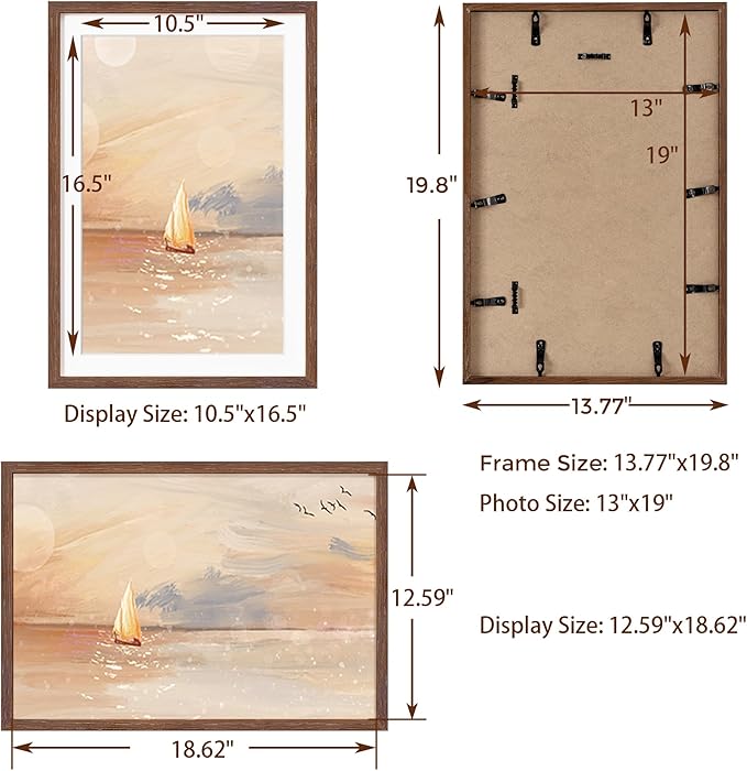 13x19 Picture Frame, Solid Oak Wood Frame 13 x 19 Frame for Wall, 13"x19" Photo Frame with Tempered Real Glass, 13x19 Picture Frame Matted to 11x17, Rustic Wooden 13x19 Poster Frame, Walnut Color