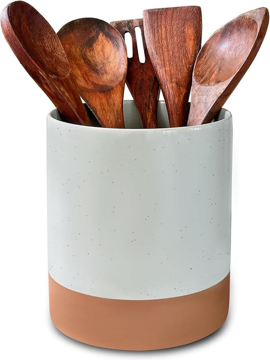 Mora Ceramic Kitchen Utensil Holder - Wooden Spoon & Spatula Crock for Countertop, Modern Farmhouse Home Decor, Extra Large 7.3" Cooking Organizer for Stove Top and Counter - Heavy & Sturdy - Grey