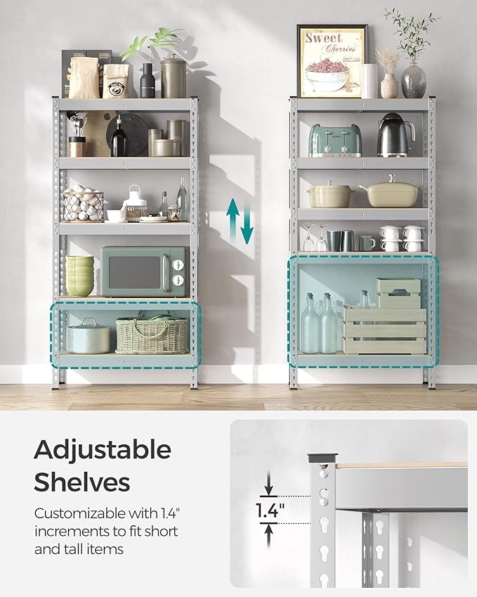 SONGMICS 5-Tier Storage Shelves, Load 2310 lb, Garage Storage, Boltless Assembly, Adjustable Shelving Unit, 11.8 x 29.5 x 59.1 Inches, for Study Shed Basement, Silver and Natural Beige UGLR300E01