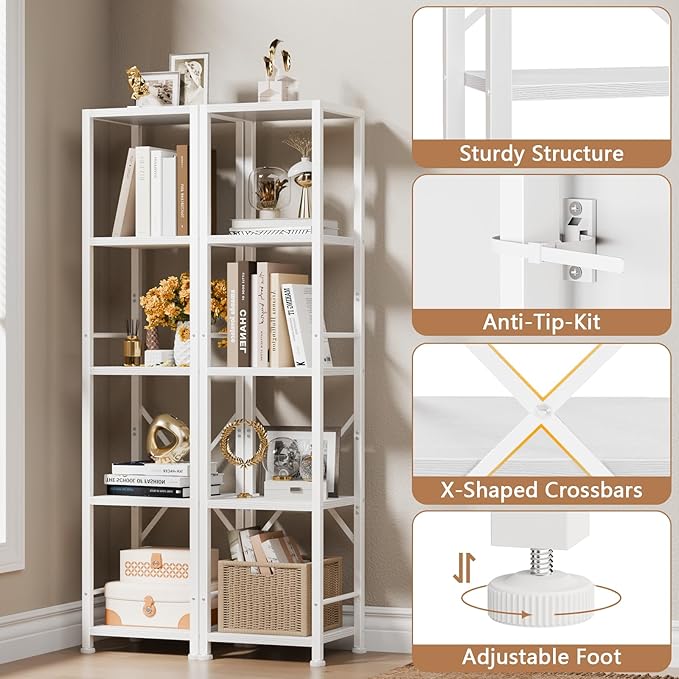 Furologee 5 Tier White Bookshelf, Tall Narrow Bookcase for Small Space, Modern Freestanding Shelf, Metal and Wooden Display Storage Shelves for Bedroom, Living Room, Office