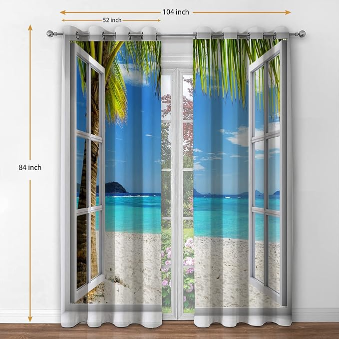 Jekeno Ocean Beach Palm Trees Blackout Curtains Summer Tropical Island Decor Seaside White Wooden Window View Print Grommet Window Drapes for Bedroom Living Room 2 Panel Set, 52"x84"