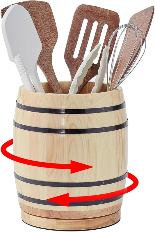 Natural Pine Wood 360° Rotating Wine Barrel Utensil Crock - Kitchen Countertop Organizer & Cooking Tool Holder, Rustic Farmhouse and Western Decor, Ideal Spoon/Spatula Storage, Kitchen Decor Accessory