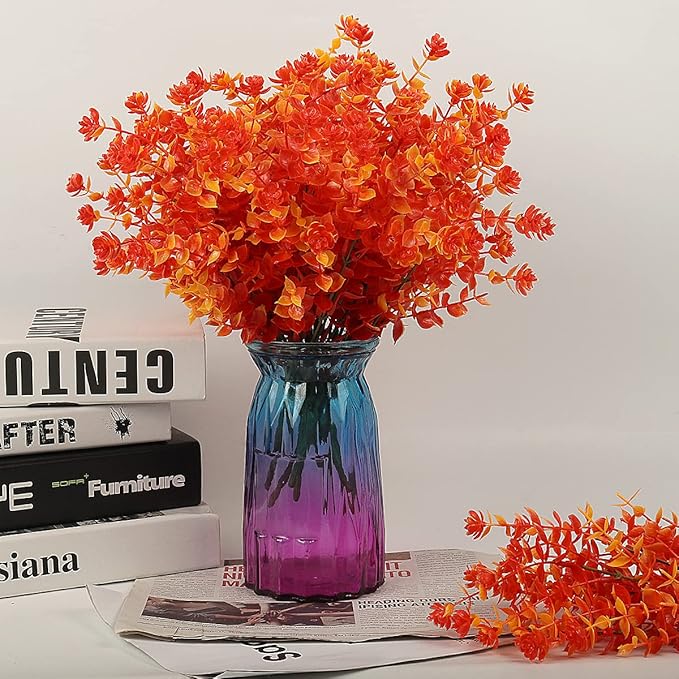 RECUTMS 8 Bundles Artificial Fall Flowers No Fade Faux Autumn Plants, Fake Indoor Outdoor Greenery for Thanksgiving Christmas Wedding Party Home Garden Fireplace Décor (Golden)