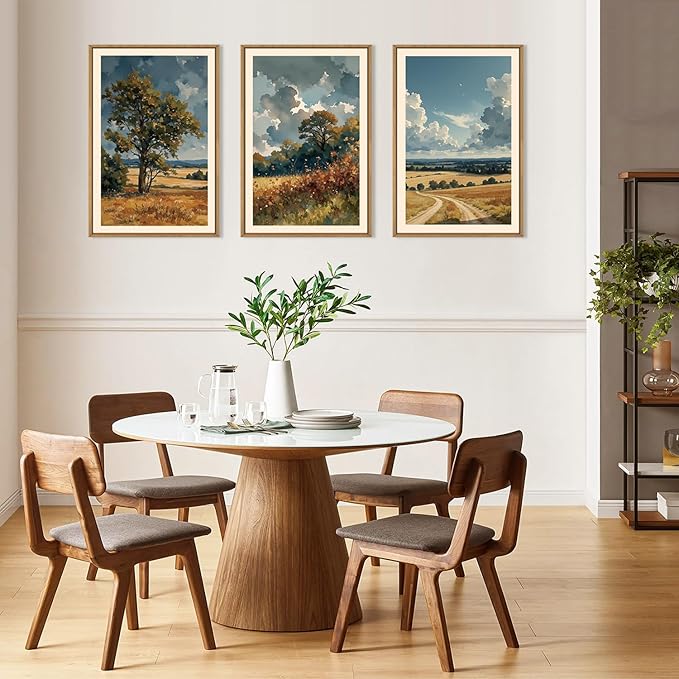 KAIRNE Framed Vintage Watercolor Landscape Wall Art Set of 3, Nature Country Scenery Art Prints, Rustic Farmhouse Wall Decor, Calming Pastoral Paintings for Living Room Bedroom Office, 16x24 Inch