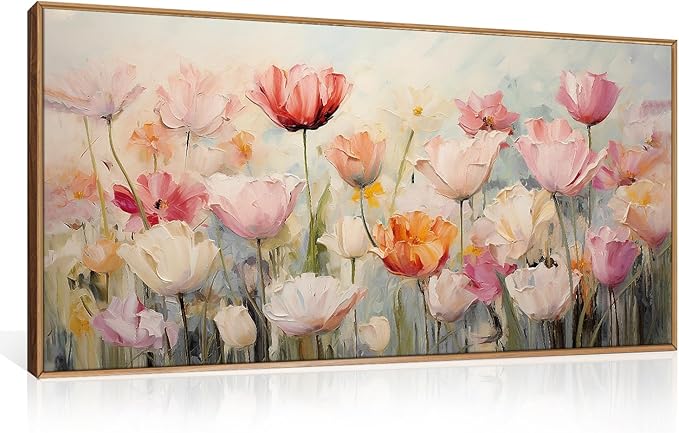 HPNIUB Large Hand-Painted Nature Wildflowers Framed Wall Art Pink Floral Canvas Oil Painting Modern Aesthetic Wall Decor Abstract Flower Artwork for Living Room Bedroom Decor -20"x40"
