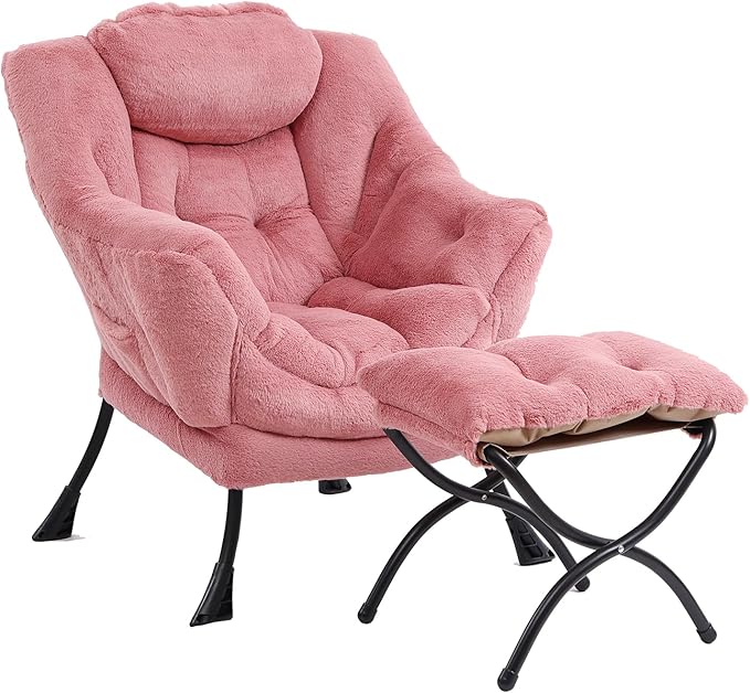 Lazy Chair with Ottoman, Modern Chair with Folding Footrest, Lounge Accent Chair, Comfortable Reading Chair (Plush Dark Pink)