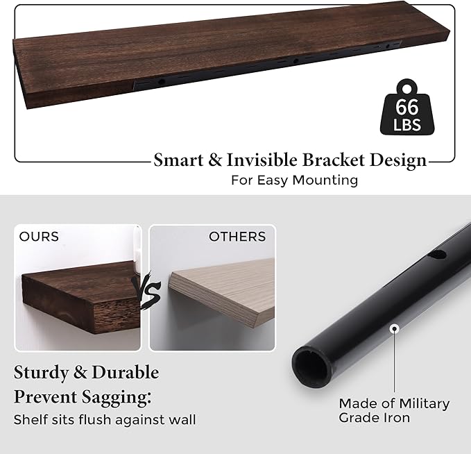 Axeman Floating Shelves, 8 Inch Deep Rustic Solid Wood Wall Shelves for Storage, Wall Mounted Display Shelving with Invisible Heavy-Duty Metal Bracket, 48" W x 8" D x 1.6" H, Rustic Brown