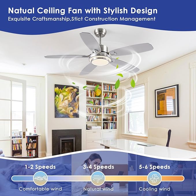 Ceiling Fans with Lights Remote/APP Control, 50" RGB Low Profile Ceiling Fan with Dimmable LED Colorful Light,Flush Mount,6 Speeds 5 Reversible Blades for Bedroom,Living Room, Nickel