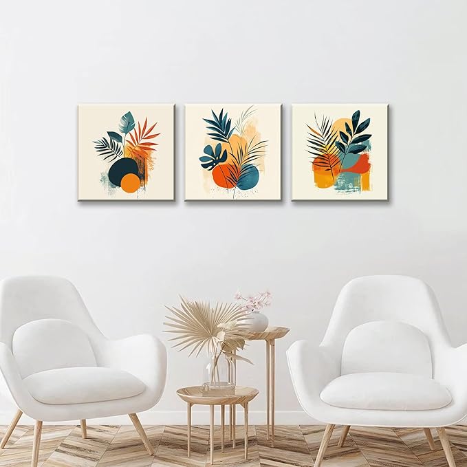 NAN Wind 3Pcs Modern Abstract Botanical Canvas Wall Art Colorful Leaf Prints Contemporary Floral Art for Living Room Minimalist Plant Decor Geometric Canvas Set Ready to Hang for Home Decor