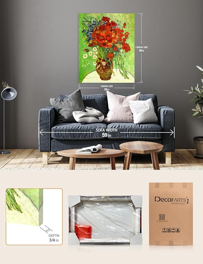 DECORARTS - Red Poppies and Daisies, Vincent Van Gogh Art Reproduction. Giclee Canvas Prints Wall Art for Home Decor 30x24