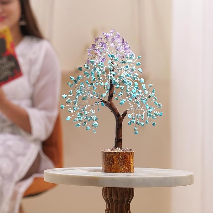 Amethyst & Turquoise Gemstone Tree with 2 Chakra Pendants, Crystal Tree, Fake Plants Home Decor, Birthday Gifts for Women, Office Desk Accessories, Crystals and Healing Stones, Room Decor