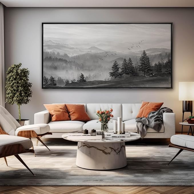 Kureful Large Wall Art Office Decor Mountain Wall Art Bedroom Decor 30"x 60" Room Decor Trees Canvas Picture Painting Grey Artwork for Bathroom Modern Home Decoration