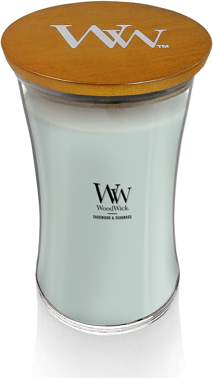 WoodWick Large Hourglass Candle Sagewood/Seagrass - Premium Soy Blend Wax Pluswick Innovation Wood Wick Made in USA