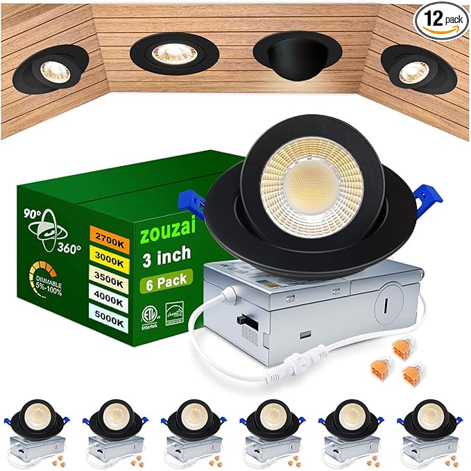 zouzai 5CCT LED Gimbal Led Recessed Light with Junction Box, 360°+90° Adjustable Directional Eyeball Lighting, Dimmable, 2700K/3000K/3500K/4000K/5000K,ETL&Energy Star (Black 6 Pack, 3 inch)
