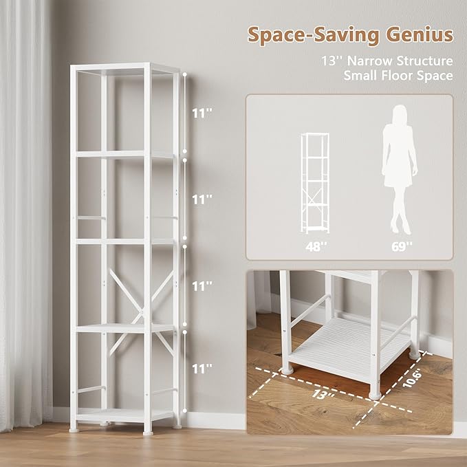 Furologee 5 Tier White Bookshelf, Tall Narrow Bookcase for Small Space, Modern Freestanding Shelf, Metal and Wooden Display Storage Shelves for Bedroom, Living Room, Office