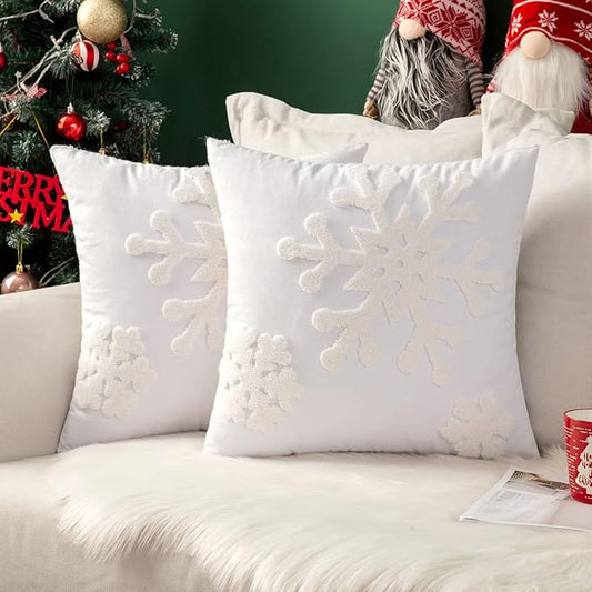 MIULEE Pack of 2 Christmas Decorative Snowflake Throw Pillow Covers Canvas Embroidery Winter Cushion Cases Holiday Decor Soft Pillowcases for Winter Couch Sofa Bedroom Car（White, 16x16in）