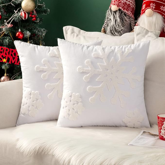 MIULEE Pack of 2 Christmas Decorative Snowflake Throw Pillow Covers Canvas Embroidery Winter Cushion Cases Holiday Decor Soft Pillowcases for Winter Couch Sofa Bedroom Car（White, 18x18in）