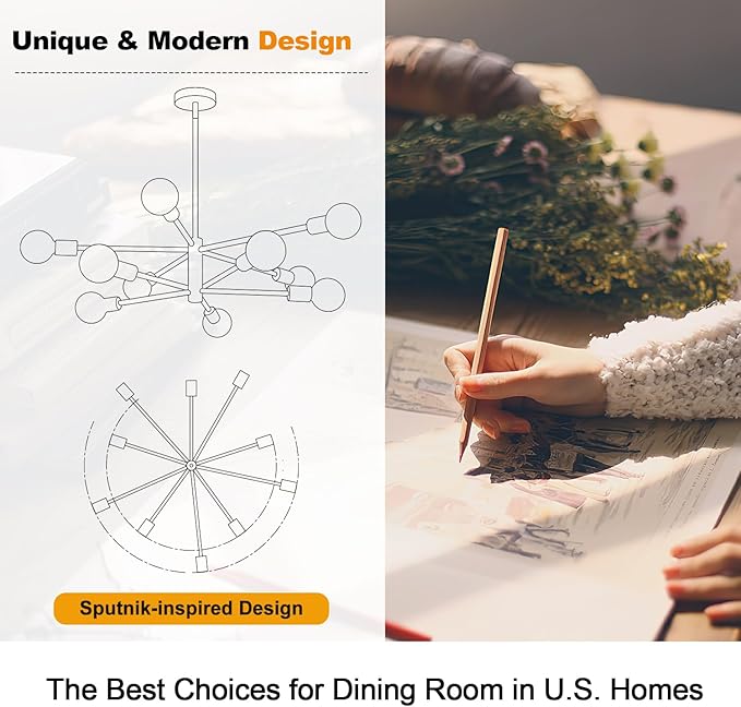 33" Modern Chandelier Ceiling Light Fixture, 10-Light Sputnik Chandeliers Gold and Black Dining Room Light Fixture, Height Adjustable Chandeliers for Dining Room Living Room Kitchen Island