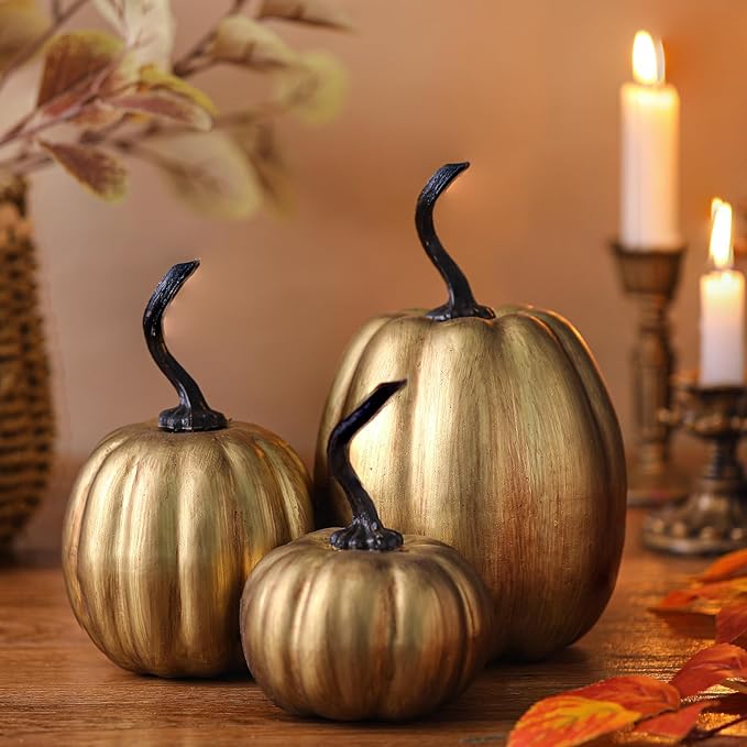 Janinka 3 Pcs Fall Antique Gold Pumpkin Decor Vintage Retro Fake Pumpkin Figurines Fall Thanksgiving Pumpkins for Home Decor Farmhouse Harvest Halloween Table Centerpiece
