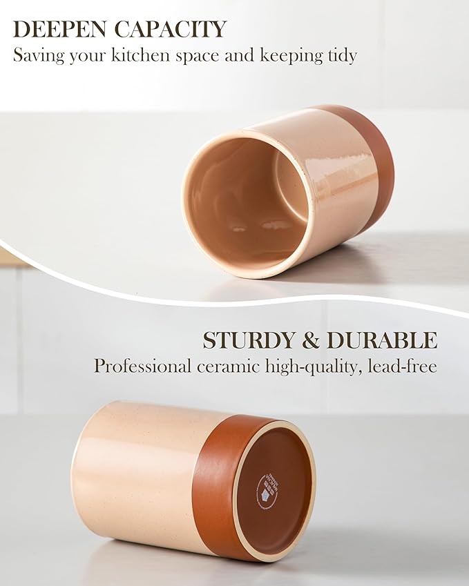 MALACASA Utensil Holder, 5.5" Ceramic Kitchen Utensil Holder for Countertop, Cooking Utensil Crock for Kitchen Counter, Farmhouse Utensil Organizer for Spatula & Spoon, Khaki Pink, Series TARA