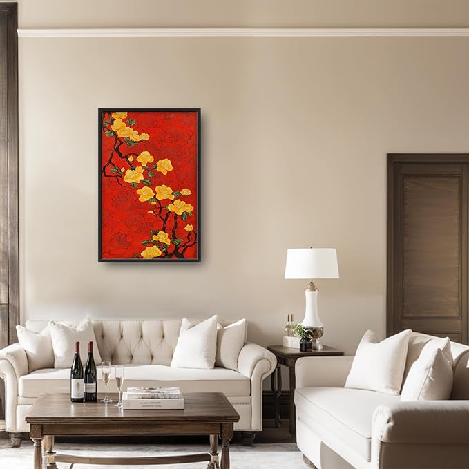 Lovira Yellow Plum Bossom Large Wall Art Traditional Asian Floral Red Canvas Wall Decor Pictures Prints Painting Framed Home Vertical Artwork for Living Room Bedroom Bathroom Kitchen 24"x36"