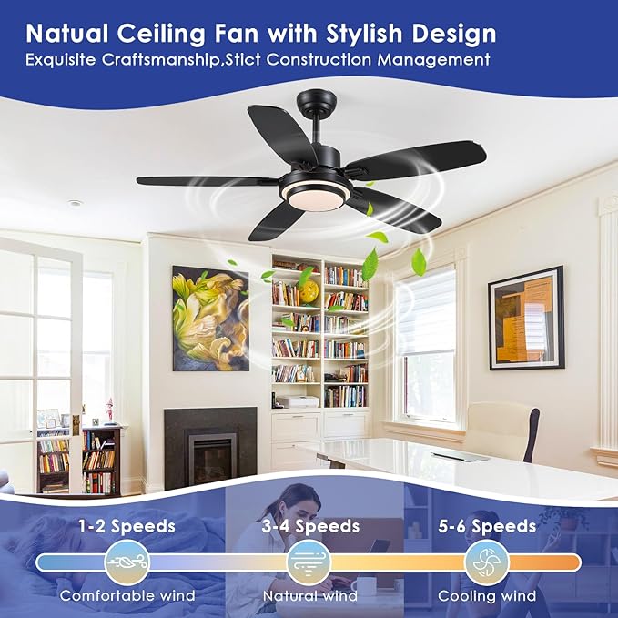 Ceiling Fans with Lights,50“ Modern Black Ceiling Fan and Remote/APP Control,5 Dual Finish Blades Dimmable 3-Color LED Fandelier for Indoor Dinning Room,Bedroom