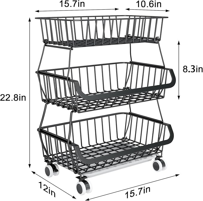 3-Tier Rolling Pantry Floor Organizer, Stackable Pantry Storage Cart with Wheels, Metal Wire Pantry Baskets, Kitchen Fruit Basket Stand, Vegetable Storage Rack for Fruits Snacks Onions Potatoes