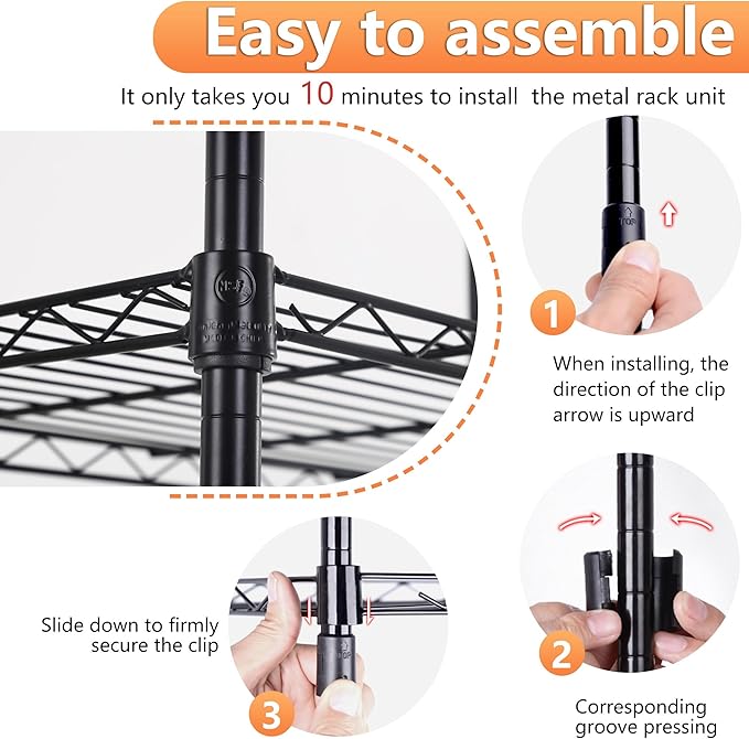 BestOffice | 5-Tier Wire Storage Shelves | 17x12x48 | Black | with Adjustable Racks | Heavy-Duty Metal Shelf, Holds Upto 750 lbs | No-Tool Assembly | Ideal for Home & Garage Shelving