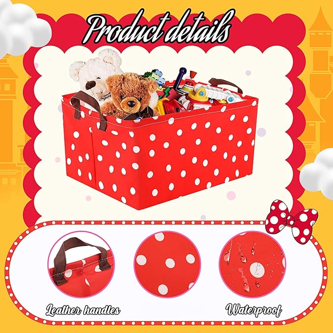 3 Pack Cartoon Mouse Storage Baskets Waterproof Canvas with Leather Handles Storage Bins Basket Organizer Collapsible for Closet Clothes Room School Red Yellow Black Dot Decor